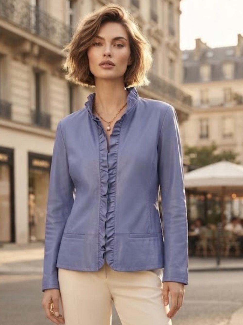 NWT Chico’s Rachelle Ruffle Periwinkle Vegan Leather Jacket Soft Lavender Blue